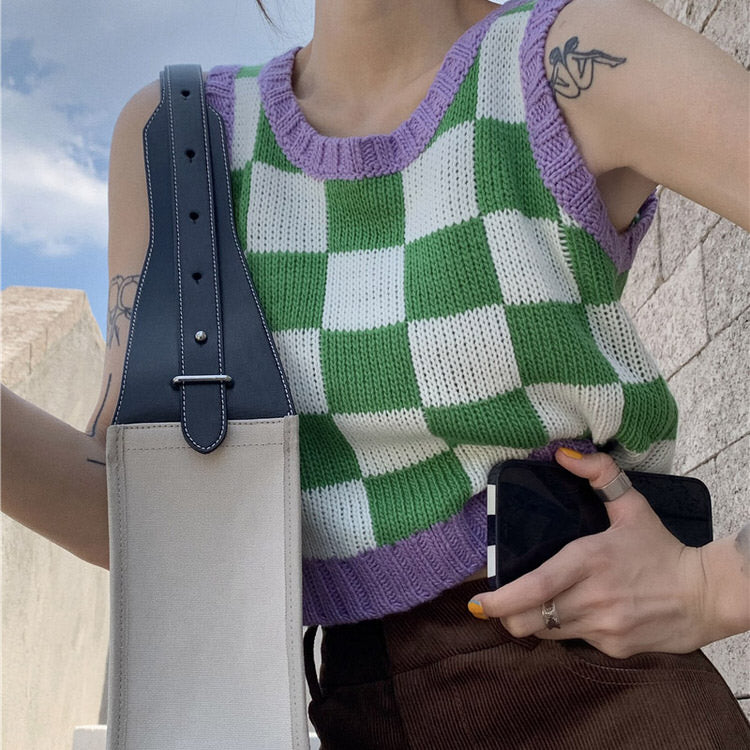 Green & Lavender Checkered Vest-Vest-streetwear-society-aesthetic-clothes