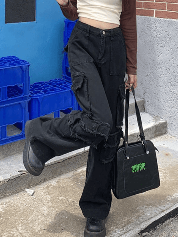 Jean cargo noir à jambe droite et effet usé - Streetwear Society-Black-S-