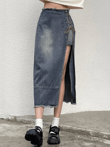 Jupe en jean déchirée fendue sur le devant - Streetwear Society-