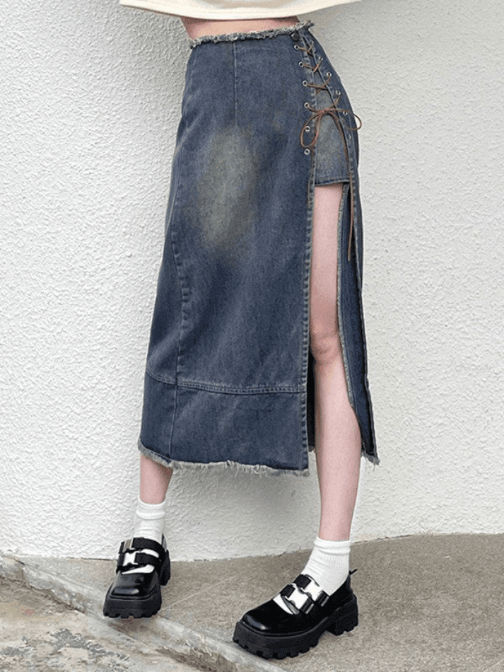 Jupe en jean déchirée fendue sur le devant - Streetwear Society-Blue-S-