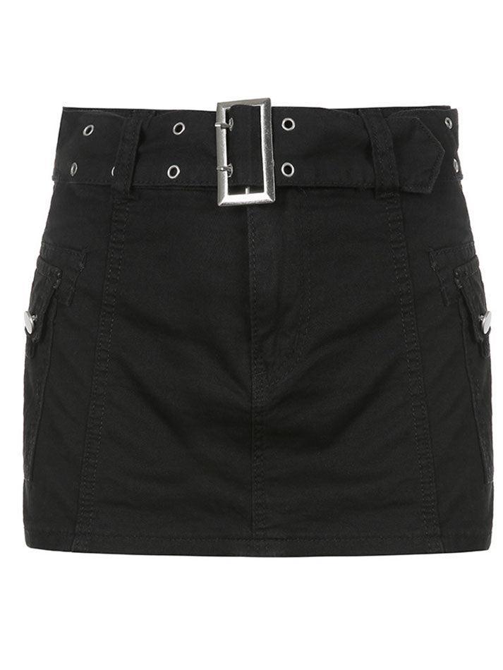 Mini-jupe en jean taille basse avec ceinture à boucle - Streetwear Society-