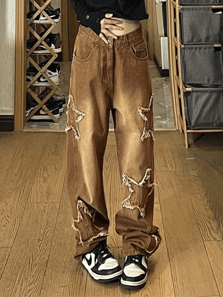 Jean boyfriend délavé vintage avec écusson étoile - Streetwear Society-Brown-S-